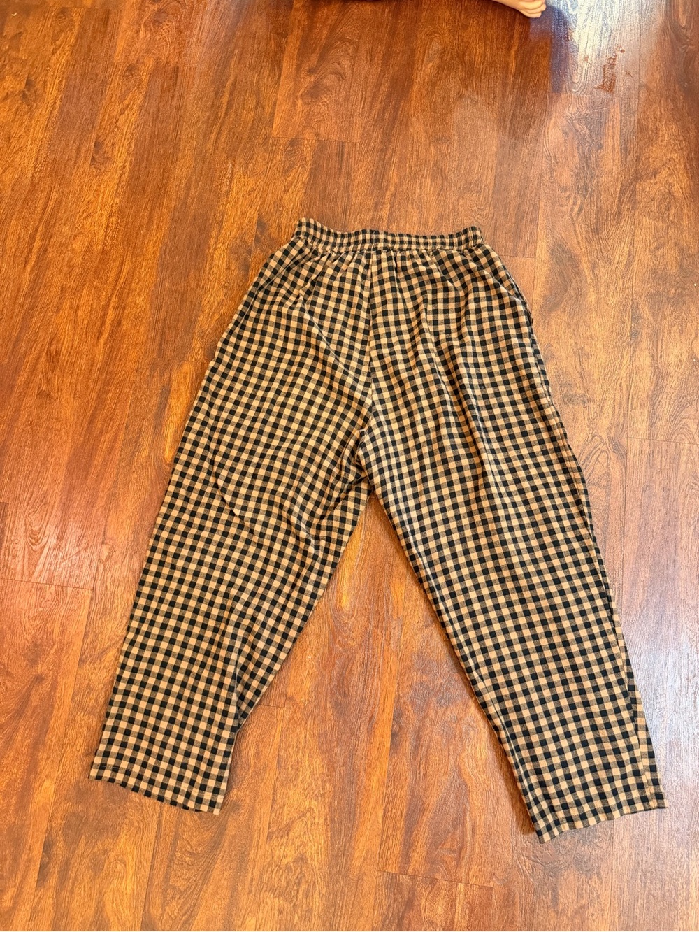 Womens Black & Tan Gingham Elastic-Waist Pants